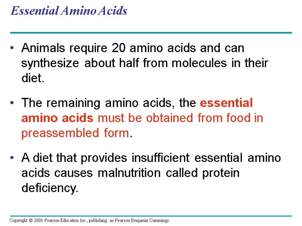 Essential Amino Acids Animals require 20 amino acids and can synthesize about half from